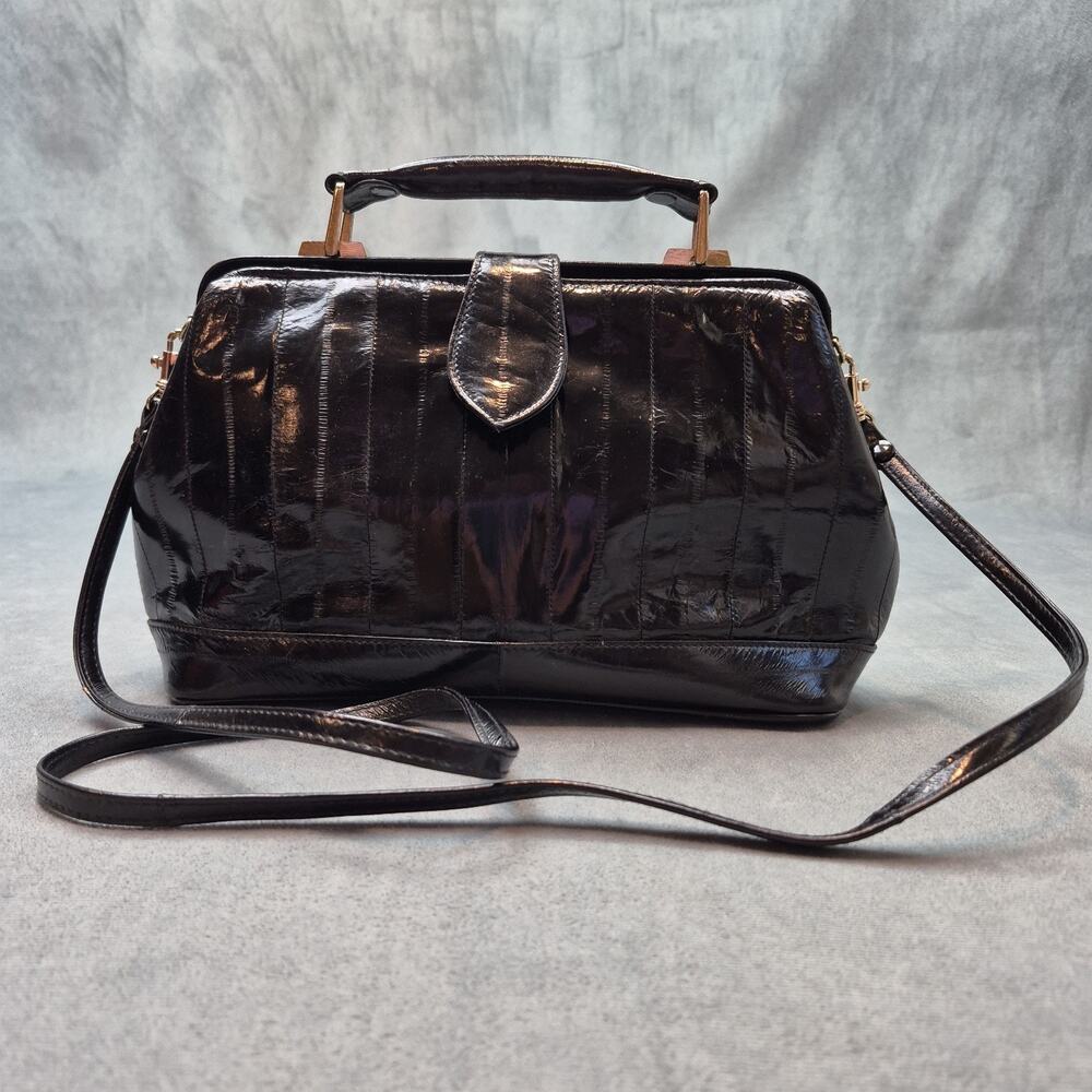 Vintage Eelskin Top Handle Doctor Style Old Money Crossbody Framed Handbag 80's
